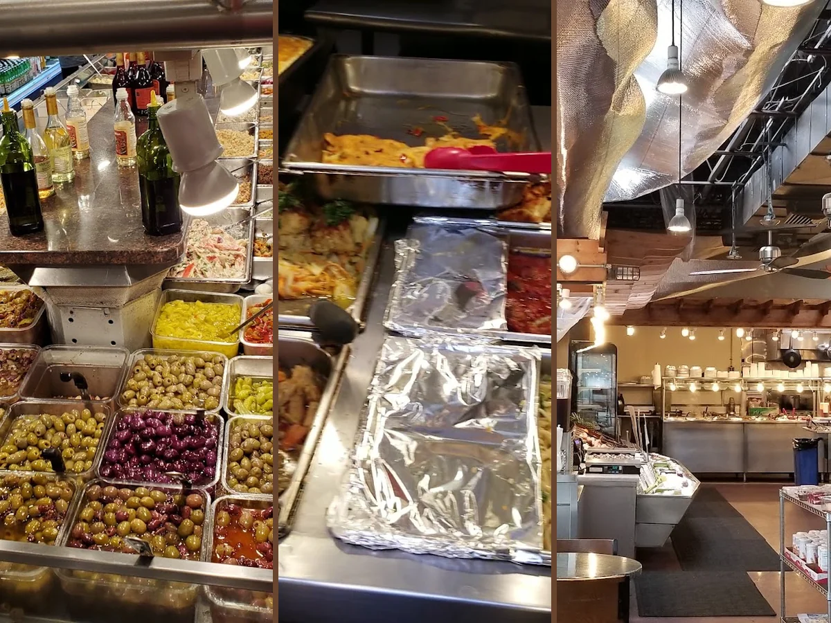 Counter-service buffet with Chinese dishes behind glass.