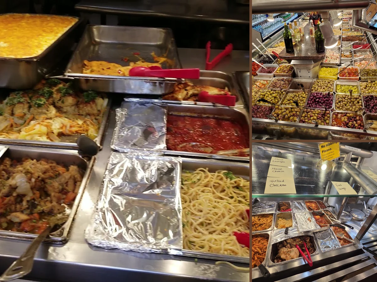 Counter-service buffet with Chinese dishes behind glass.