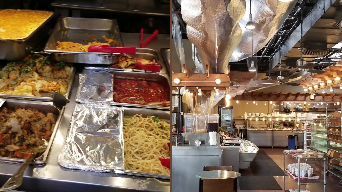 Prepared food trays line a buffet service area.