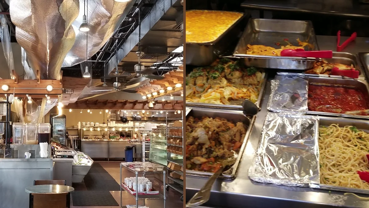 Prepared food trays line a buffet service area.
