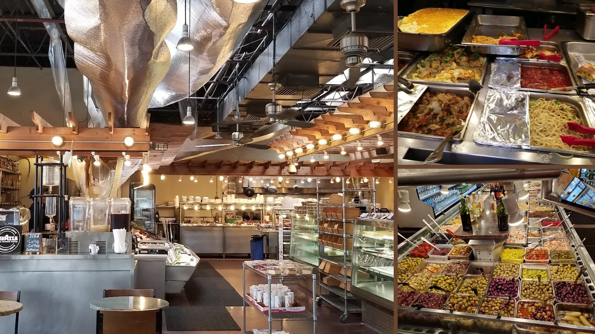 Counter-service buffet with Chinese dishes behind glass.