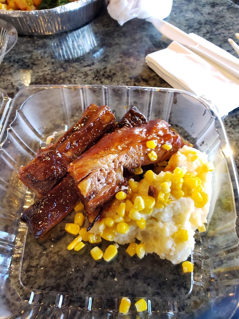 BBQ Ribs Mashed Potatoes and Corn